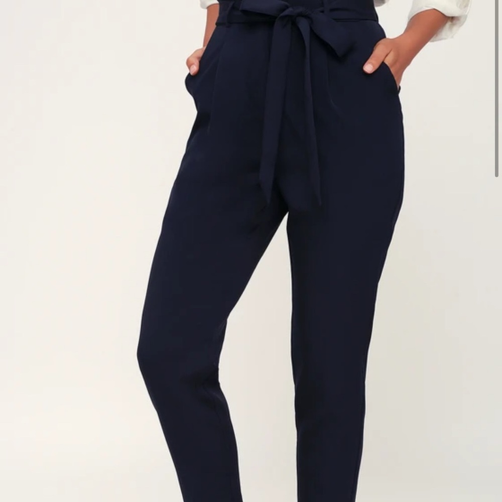 Lulus With Confidence Navy Blue Paper Bag Waist Pants - Size L - Picture 2 of 4